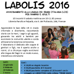 Locandina Labolis 2016 - laboratorio di sensibilizzazione alla LIS per bambini e adulti presso Farollo e Falpalà